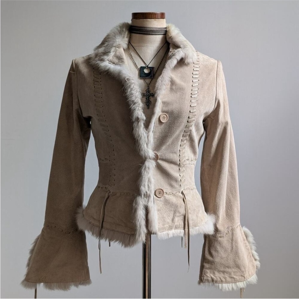 bebe Cream Teddy Jacket with Faux Fur Trim